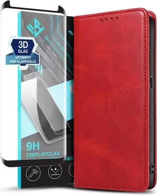 Produktbild von Handyhülle für Samsung Galaxy S9 mit 9H Displayglas Kunstleder Flip Cover Hülle Handytasche Case Kartenfach Farbe: Rot