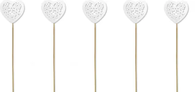 Produktbild von Holz Blumen-Stecker Herz mit Blümchen weiß 5 Stück 7 x 35cm Dekostecker Blumenstab Herzstab Holzstecker