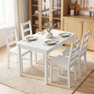 Produktbild von SUGIFT Esstisch mit 4 Stühlen, Essgruppe 5-teilig, Massivholz Kiefer, Weiß | bis 30 kg | 118 x 73 x 75 cm