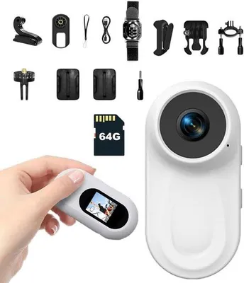 Obrázek produktu pro Mini kamera s paměťovou kartou 64 GB, širokoúhlým objektivem 120°, akční kamera s rozlišením 1080p a otočným zadním objektivem o 360°, kamera pro mobilní telefony s funkcí zvuku a videa, handsfree záznam z vlastního pohledu, kamera na helmu pro jízdu na kole a na motorce.