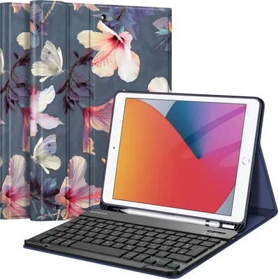 Produktbild von Fintie Tastatur Hülle für iPad 10.2 Zoll (9/8/ 7 Generation - 2021/2020/2019), Schutzhülle mit TPU Rückschale, Pencil Halter und magnetisch Abnehmbarer Tastatur mit QWERTZ Layout, Hibiskus