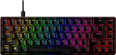 A close-up, front-facing view of a black mechanical keyboard with RGB backlighting.
