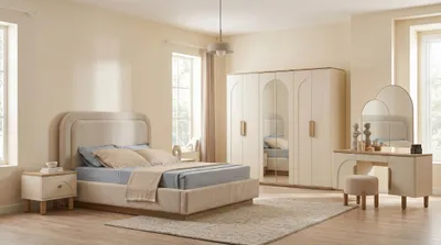 Productafbeelding van Slaapkamer set: beige bed, nachtkastjes, kledingkast, spiegel