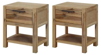Produktbild von 2er Set Nachttisch aus Akazienholz mit Schubladen, Nachtschrank, Nachtkonsole, Schlafzimmerkommode, 40x30x48cm
