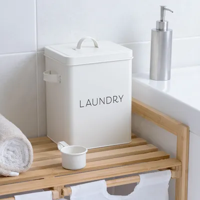Produktbild von Navaris Waschmittelbox mit Dosierlöffel - Metall Aufbewahrungsbox für Waschmittel - Laundry Dose Deckel - Vintage Waschpulver Box Behälter - weiß