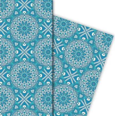 Produktbild von Designer ethno Geschenkpapier mit Boho Blüten in hellblau - G7185, 32 x 48cm