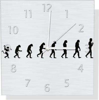 Produktbild von Wallario Design Wanduhr Evolution - Die Entwicklung des Menschen aus Aluverbund, Größe 30 x 30 cm