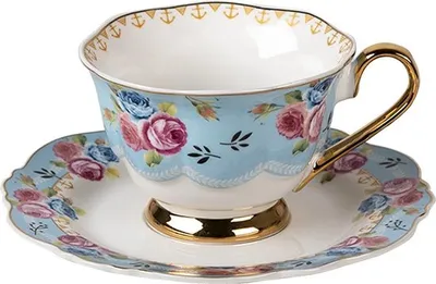 Produktbild von Kaffeetasse mit Unterteller Porzellan 160 ml Blau Weiß Clayre & Eef 6CE1278