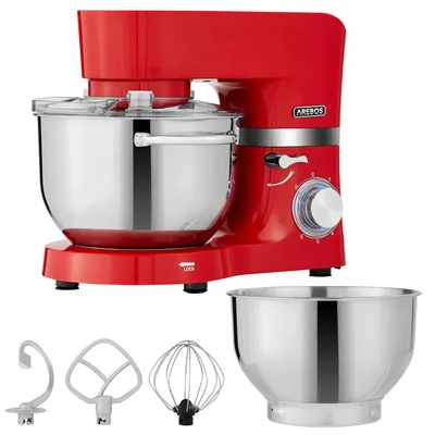 Obrázek produktu pro Kuchyňský robot AREBOS 1500W, kuchyňský robot, hnětač s 2x nerezovou míchací mísou 4,5 a 5,5 l, nízká hlučnost, 6 rychlostí, červený
