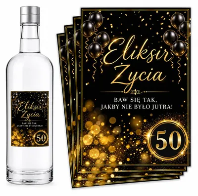 Zdjęcie produktu dla Naklejki na Wódkę 50 Urodziny Eliksir Życia Czarne Balony 8 szt