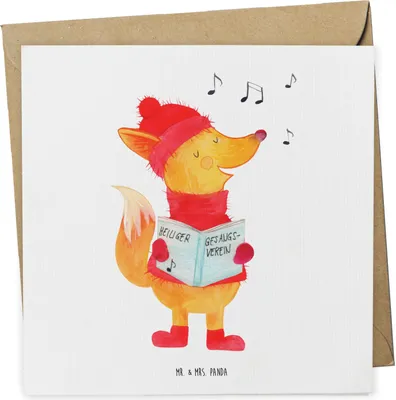 Produktbild von Mr. & Mrs. Panda Grußkarte Fuchs Sänger - Weiß - Geschenk, Weihnachtslieder, Singen, Glückwunschkarte, Winter, doppelkarte, anlasskarte, Weihnachten, Klappkarte