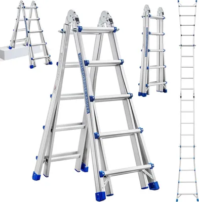 Image de STANEW Aluminium Echelle télescopique 5.1 M, 3 en 1 Aluminium Telescopique A Forme Pliable Polyvalente Escabeau Robuste, Multifonction 5 x 5 marches