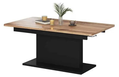 Image de Table basse 2 en 1 Busetti, dimensions 126-167 x 70 x 56-74 cm. Table haute réglable en hauteur et extensible. Disponible en différentes couleurs : chêne Wotan / noir