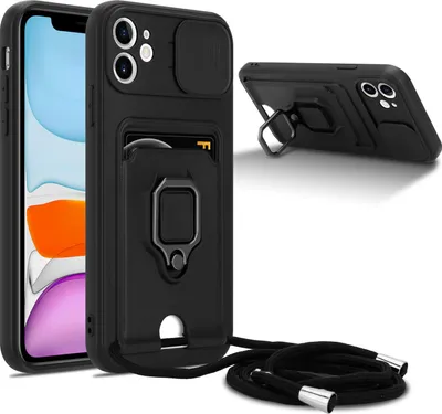 Obrázok produktu pre Cadorabo reťaz na mobilný telefón s funkciou stojana pre Apple iPhone 11 v ČIERNEJ farbe - silikónové ochranné puzdro s nastaviteľným popruhom