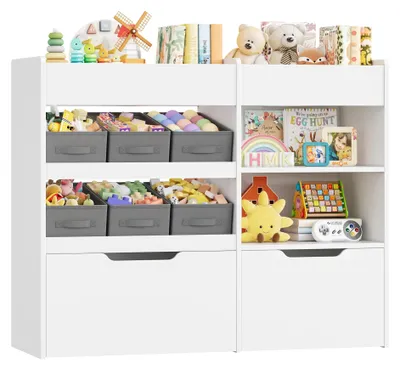 Obrázek produktu pro Regál pro děti – knihovna s 6 úložnými boxy na kolečkách – 4 úrovně – úložný prostor pro hračky a knihy – materiál: MDF dřevo – vhodný do dětských pokojů a ložnic – barva: bílá