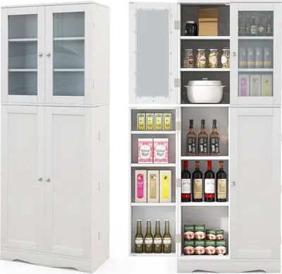 Zdjęcie produktu dla KOMFOTTEU Szafka wysoka Drewniana witryna, szafka kuchenna Szafka łazienkowa ze szklanymi drzwiami i półką, 60x31,5x161,5 cm (biała)