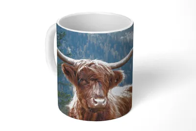 Produktbild von KitchenYeah® Tasse Kaffeetasse Kaffeebecher 350 ml Schottische Hochlandrind - Bäume - Berge Teetasse - Fototasse - Becher - Keramikbecher - Teebecher - Kaffeetasse - Bürotasse