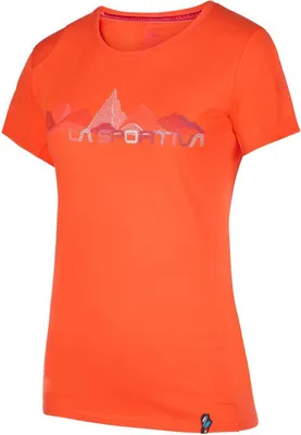Oranges T-Shirt für Damen von La Sportiva mit grafischem Bergdesign und Logo.