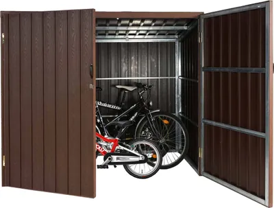 Obrázok produktu pre WPC garáž na bicykle HWC-J29, kôlňa na náradie, kovový vzhľad dreva uzamykateľný ~ 4 bicykle 172x213x160cm hnedá