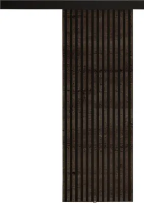 A sliding door with a dark wood grain texture and vertical black stripes.