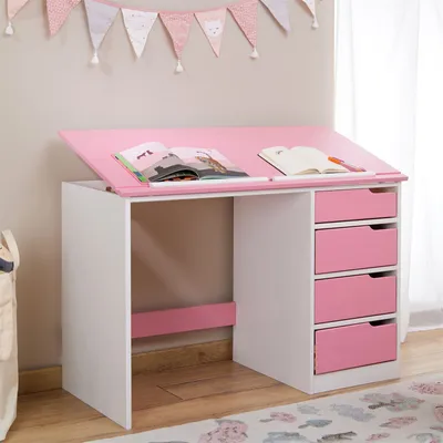 Produktbild von Kinderschreibtisch aus massiver Kiefer in weiß/rosa, praktischer Schreibtisch mit neigungsverstellbarer Tischplatte, schöner Jugendschreibtisch mit 4 Schubladen