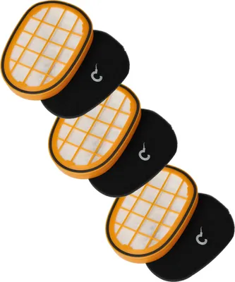 A set of three vacuum cleaner filters arranged diagonally against a white background.