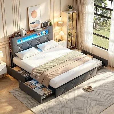 Obrázok produktu pre Postel s čalúnenou hlavou (140 x 200 cm) s LED osvetlením a USB portmi, dvojlôžko s 4 zásuvkami, posteľ pre mládež typu boxspring s úložným priestorom, rám postele s úložným priestorom a latkovým roštom, materiál: zamat, bez matraca, farba: béžová