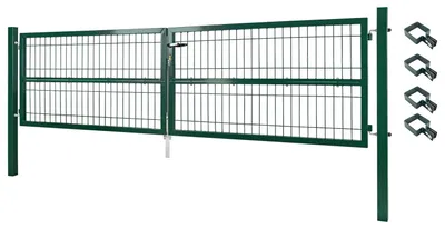 Obrázek produktu pro Zahradní branka Brána zahradního plotu 300x80 cm dvoukřídlá kovová zahradní branka pro plot z latěk Uzamykatelná včetně sloupku Zelená V2Aox