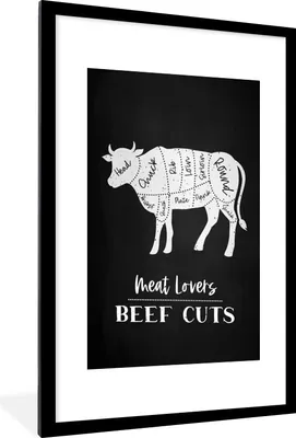Produktbild von MuchoWow® Gerahmtes Poster Küche - Kuh - Fleischer - Fleisch 60x90 cm - Poster mit Schwarzem Bilderrahmen Wandposter Rahmen Foto Bilder - Dekoration - Wandposter Wohnzimmer - Hochwertig