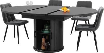 Productafbeelding van Eettafel, uitschuifbare eettafel, keukentafel, balkontafel, uitschuifbaar tafelblad. Ronde eettafel, uitschuifbaar tot ovaal, 118-158 cm, plaats voor maximaal 6 personen (zwart)