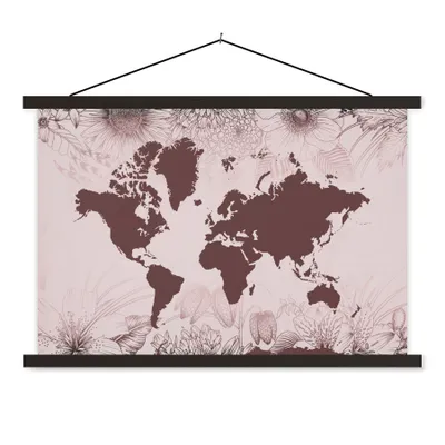 Produktbild von MuchoWow® Textilposter Weltkarte - Blumen - Lila 90x60 cm mit schwarzem Rahmen - Aufhängungssatz