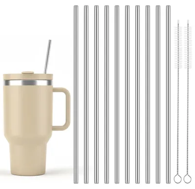 Productafbeelding van RVS drinkrietjes - Herbruikbaar met 2 reinigingsborsteltjes - 10 stuks - 6 mm diameter