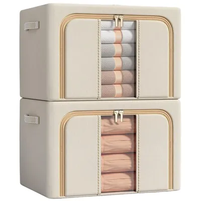 Produktbild von 2er-Set Aufbewahrungsbox aus Oxford-Gewebe, wasserdicht, Faltbare, 100L, Fächer, für Kleidung & Schrank,Mit einem Sichtfenster, Beige