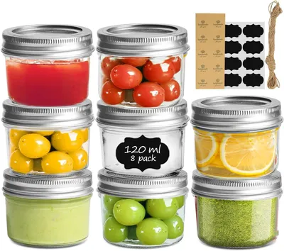 Productafbeelding van 120 ml inmaakpotjes met schroefdeksel en etiketten, jam potjes, 8 kleine inmaakpotjes met deksel voor kruiden, gelei, jam, yoghurt, voorraadpotjes, inmaakpotjes met deksel