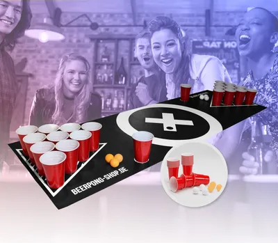 Produktbild von Beercup Bierpong Matte, Beer Pong Set für Erwachsene Partyspiele, Beerpong Tisch-Matte, Tischmatte für Beer Pong Spiel mit 70 Red Cups-Bierpong Becher-Set, Bierpong-Tischmatte mit Leichter Reiniung