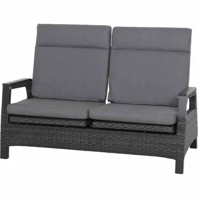 A studio shot of a two-seater outdoor sofa.