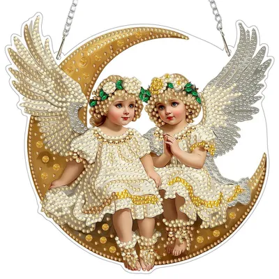 Image de Kit de création de pendentif "Diamond Painting" : deux petits anges avec chaîne, idéal pour décorer murs et fenêtres