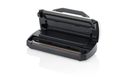 A vacuum sealer with its lid open, shown from a slightly elevated angle against a white background.