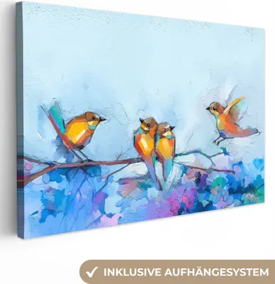 Produktbild von MuchoWow® - Leinwandbilder - Gemälde - Ölfarbe - Vogel - Zweig, Wandbild, Wanddeko Bilder Wohnzimmer, 60x40cm