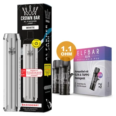 Obrázek produktu pro Al Fakher Crown Bar 600 Pod Kit bílá – 500 mAh baterie včetně 2 x 1,1 Ohm prázdných podů, USB-C, 2 ml pod systém, DTL & MTL, dobíjecí, bez náplně
