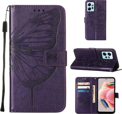 Obrázek produktu pro Pouzdro pro Xiaomi Redmi Note 12 4G Motýlí Reliéf Flip Kožené Pouzdro s Kapsami na Karty a Stojánkem Fialová