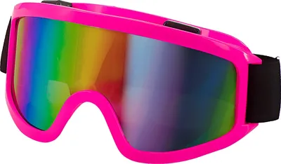 A pair of bright pink ski goggles with a rainbow-colored lens.