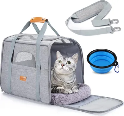 Immagine prodotto di Scatola da trasporto per gatti omologata - scatola da trasporto per cani portatile - gabbia da viaggio grigio chiaro con tracolla regolabile borsa da viaggio per gatti