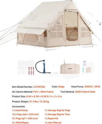 Produktbild von VEVOR Aufblasbares Zelt, geräumiges Design 3x2m, strapazierfähiges 300D Oxford-Gewebe, 3x2,1m