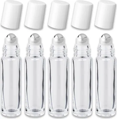 Produktbild von 5x Farblose Glasflasche 10 ml Roll-On mit weißem Schraubverschluss Set