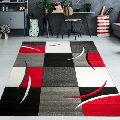 Produktbild von Designer Teppich mit Konturenschnitt Karo Muster Rot Grau Weiß Schwarz Größe - 200 x 290 cm