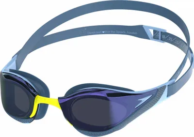 A pair of swimming goggles on a white background.