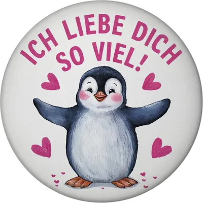A cute cartoon penguin with outstretched arms and pink hearts around it.