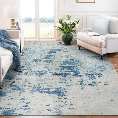 Productafbeelding van Unyqoos® Laagpolig tapijt, wasbaar – 100% polypropyleen, 8 mm poolhoogte, antislip TPR-achterkant, blauw-grijs, geschikt voor woon- en slaapkamer