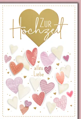 Produktbild von Hochzeitskarte mit Umschlag Goldherz und kleine rosa Herzen Zur Hochzeit alles Liebe